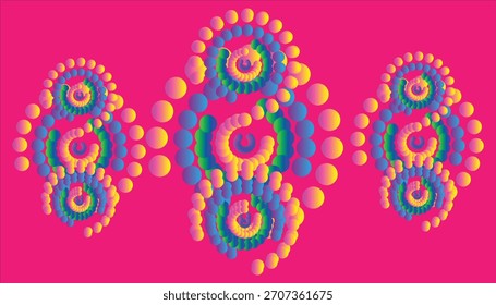 Vibrant abstract symmetrical floral pattern with psychedelic colors on pink background
