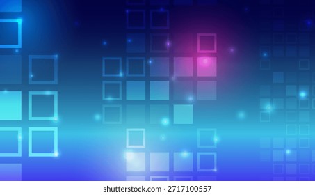 Un fondo vibrante de tecnología abstracta con cuadrados brillantes en un degradado azul y púrpura, creando una atmósfera digital futurista inspirada en datos, interfaces e innovación.