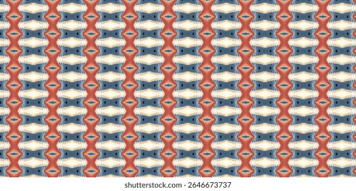 Padrão de inspiração têxtil abstrato vibrante com tons vermelhos, brancos e azuis em uma simetria vertical sem costura, ideal para tecido moderno e design de papel de parede.