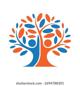 A vibrant abstract tree featuring two stylized people, representing growth, connection, and community spirit. Isolated on white, perfect for logos and designs.