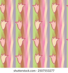 A vibrant abstract tulip motifs in soft girlish colors set against dynamic, multicolored vertical gradient stripes. Perfect for spring themed projects, decorating girls things, wallpaper, or gift