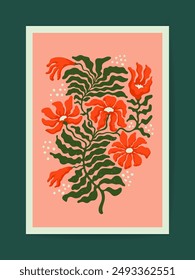 Vibrant abstract vector art with bold orange flowers and green leaves