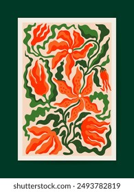 Vibrant abstract vector art with bold orange lilies and green leaves