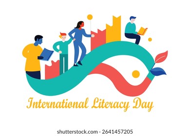 Vibrant abstract vector art for International Literacy Day alphabet letters flowing like a river toward diverse people reading together. Symbolizes unity, learning and colorful harmony.
