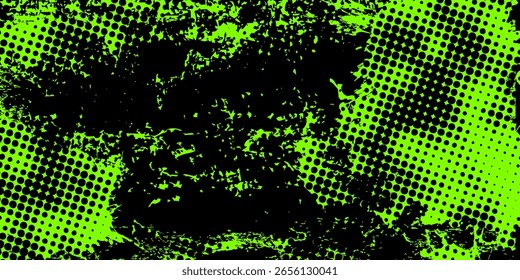 Fondo de Vector abstracto vibrante. Diseño enérgico en verde y negro lima con trazos dinámicos, puntos semitonos y salpicaduras grunge para un aspecto moderno y vanguardista. 