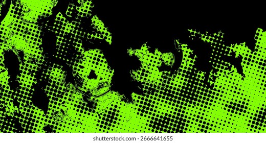 Fondo de Vector abstracto vibrante. Diseño enérgico en verde y negro con trazos dinámicos, puntos semitonos. Ilustración de Vector