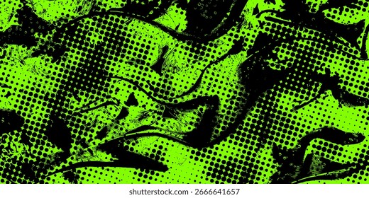 Fundo de vetor abstrato vibrante. Verde-limão energético e design preto com traços dinâmicos, pontos de meio-tom. Ilustração vetorial