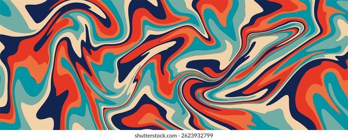 A vibrant abstract vector background featuring swirling organic shapes in teal, orange, navy, and cream hues, evoking fluid motion and retro modern energy.