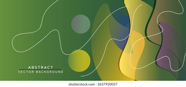 Vibrant Abstract Vector Background with Flowing Organic Shapes, Wavy Lines, and Circular Elements in Shades of Green, Yellow, Orange, Muted Purple, and Blue, Featuring Dynamic Depth 