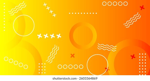 vibrant abstract vector background with a gradient of yellow and orange, featuring geometric shapes, lines, circles, and decorative elements for a modern and dynamic look
