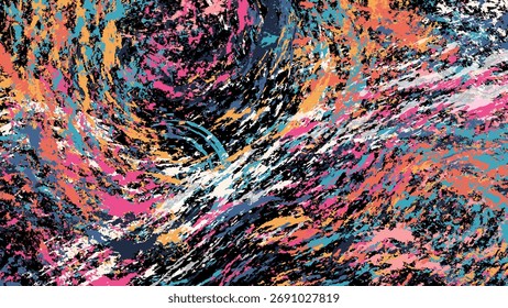 Vibrant abstract vector background with swirling brush strokes in bold shades of orange, pink, blue, and black.