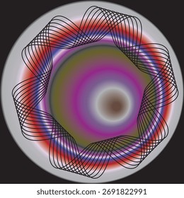 Fondo de Vector abstracto vibrante con un patrón de línea negro arremolinado que enmarca un gradiente de colores del arco iris de anillos rojos, azules y morados. Ideal para el arte moderno, psicodélico y Diseño gráfico digital.