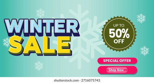 A vibrant abstract vector banner featuring bold typography for "WINTER SALE" and a 50% off special offer badge. The design uses a teal gradient background decorated with geometric snowflakes and smooth buttons for promotional seasonal marketing.