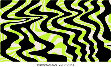 Vibrant abstract vector with bold black stripes over green neon wavy background. Modern zebra-inspired pattern perfect for trendy backgrounds or textile design.