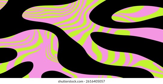 Vibrant abstract vector with bold black stripes over neon green and pink wavy background. Modern zebra-inspired pattern perfect for trendy backgrounds or textile design.