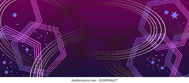 A vibrant abstract vector featuring overlapping geometric shapes, including hexagons and circles, set against a striking purple gradient background. Scattered star-like elements add depth and playfuln