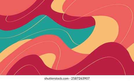 Vibrant abstract vector illustration featuring a fluid topographic-inspired pattern in bold red, teal, peach, and orange shades. 
