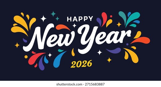 A vibrant abstract vector illustration featuring bold white typography for Happy New Year 2026 on a dark background. This minimal design is decorated with colorful gradient shapes, stars, and smooth lines, making it perfect for festive holiday promotions and celebrations.