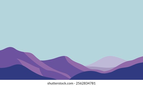 A vibrant and abstract vector illustration of a mountain range featuring various shades of purple and blue. The image showcases smooth, wavy mountains against a light blue sky.