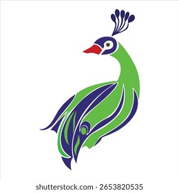 Vibrant abstract vector illustration of a peacock designed with bold green and blue tones. This modern and artistic representation of India's national bird is ideal for logo design, ethnic art.