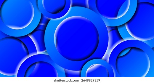 A vibrant abstract vector image featuring overlapping blue rings with gradients and glowing highlights, creating a bold, futuristic 3D effect on a deep blue background.