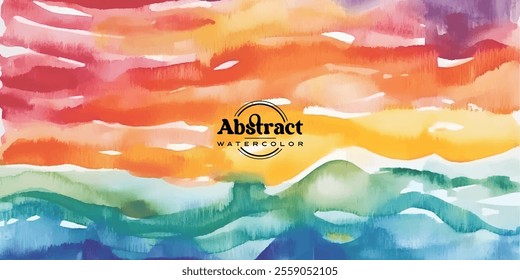 A vibrant abstract watercolor painting depicting a colorful landscape with blended hues and flowing brushstrokes.