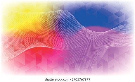 Fondo vibrante de la onda Abstractas con el gradiente colorido y los triángulos geométricos. Diseño moderno de la línea de malla futurista para la marca creativa, gráficos tecnológicos y arte digital.