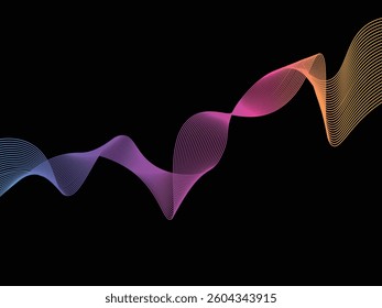 A vibrant abstract wave design featuring smooth gradient lines transitioning from blue to pink to orange on a black background.