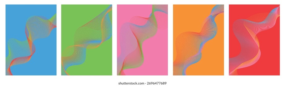 Lebendige abstrakte Wellenlinie Poster Set. Futuristische Linien mit fließendem Farbverlauf, die Formen auf fetten Farbhintergründen mischen. Moderne Fluid Line Blend Art Covers für Branding, Werbung, Musik und kreatives Design