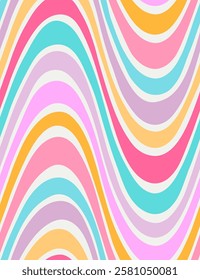 Vibrant abstract wavy pattern with pastel colors, inspired by retro 70s aesthetics. A seamless background for modern and vintage designs. Vector illustration 