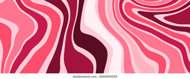 A vibrant, abstract wavy pattern in various shades of pink, red, and white. The organic, fluid lines create a psychedelic and dynamic visual rhythm.