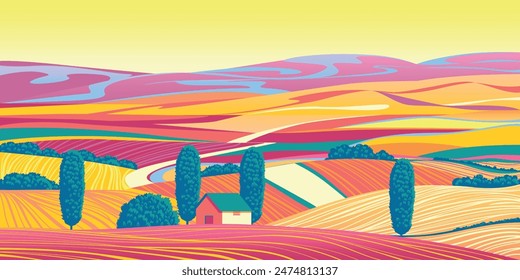 Vibrant Acid dreamlike rural landscape with farms, meadows, fields, trees and forests in the background. Handmade drawing vector illustration. Flat design. Can be used for banners, posters etc.