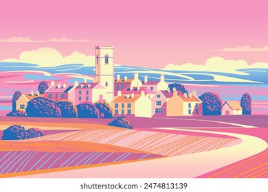 Vibrant Acid dreamlike rural landscape with small town, meadows, fields, trees and hills in the background. Handmade drawing vector illustration. Flat design. Can be used for banners, posters etc.