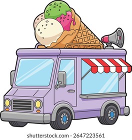 A vibrant and adorable cartoon-style ice cream truck illustration, perfect for kids' content, food-related designs, summer promotions, and playful merchandise.