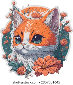 Vibrant and Adorable cute kitten head by Fantasy Flower Splash T-shirt Sticker Design