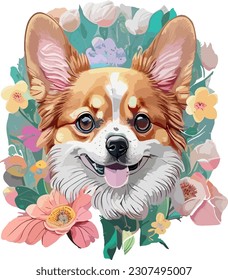 Vibrant and Adorable Dog Head Surrounded by Fantasy Flower Splash T-shirt Sticker Design 
