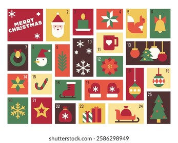 Vibrant Advent Calendar with Christmas Icons and Festive Elements Vector Illustration