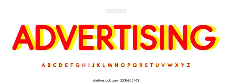 Vibrant advertising font, overlays red and yellow letters. Bold rounded font fot eye-catching headline, billboard and poster, energetic promotional branding, attention-grabbing title. Vector typeset