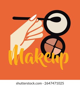 Vibrant aesthetic makeup artist elements hand holding brush in flat vector style, perfect for beauty and cosmetics designs.
