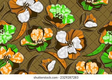 Vibrant African Floral Textile Artwork for Summer Fashion, Exotic Tribal Pattern, Colorful Abstract Design, Tropical Inspired Art for Seamless Fabric Print, Ethnic African Leaf Motif