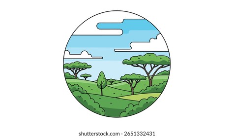 Vibrant african savannah landscape with acacia trees and rolling hills under a bright sky