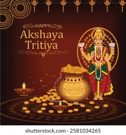 A vibrant Akshaya Tritiya artwork featuring Goddess Lakshmi standing with lotus flowers, symbolizing wealth and prosperity. A golden pot overflowing with coins and glowing diyas 