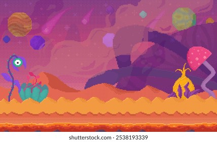 Vibrant alien landscape with whimsical plants and multicolored planets underneath a purple sky. Ideal for science fiction, fantasy worlds, extraterrestrial exploration, gaming environment, creative