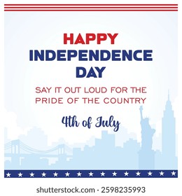 Vibrant American Independence Day celebration poster. Features the Statue of Liberty and iconic buildings in America. Independence Day USA concept. Flat vector illustration.