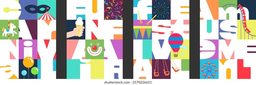 Vibrant amusement park poster set with Ferris wheel, circus tent, hot air balloon and fireworks. Colorful carnival funfair designs featuring ice cream and carousel. Modern festival graphic placards