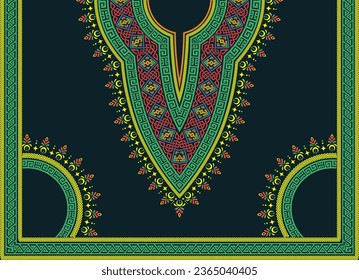 Vibrante y intrincado patrón de collar para la camisa de dashiki africana. Diseño de patrones simétricos para la ropa del cuello con nudo celta, formas geométricas y borlos florales sobre un fondo azul oscuro.