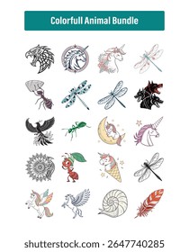 Vibrant animal vector bundle with unicorns, dragons, wolves, feathers, peacocks and fantasy creatures in whimsical, mystical, realistic styles. Ideal for kids design, stickers, merch files