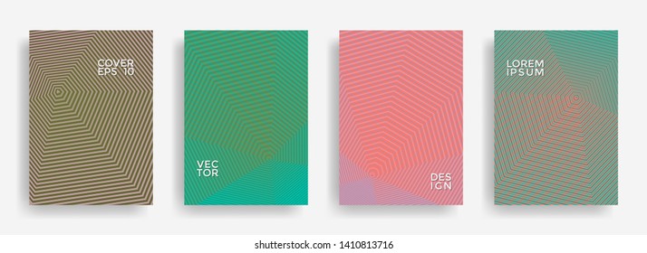Vibrant annual report design vector collection. Halftone lines texture cover page layout templates set. Report covers geometric design, business brochure pages corporate banners.