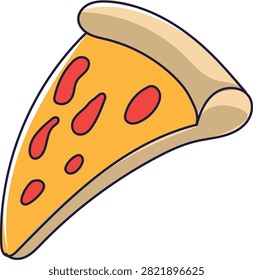 A vibrant and appetizing cartoon illustration of a single pizza slice, generously topped with red pepperoni, perfect for food-related designs.