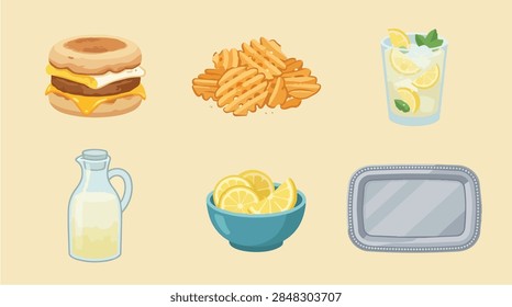 A vibrant and appetizing collection set featuring a delicious burger sandwich with melted cheese, a pile of crispy golden fries, a refreshing lemonade drink with ice and lemon slices, a pitcher of mil